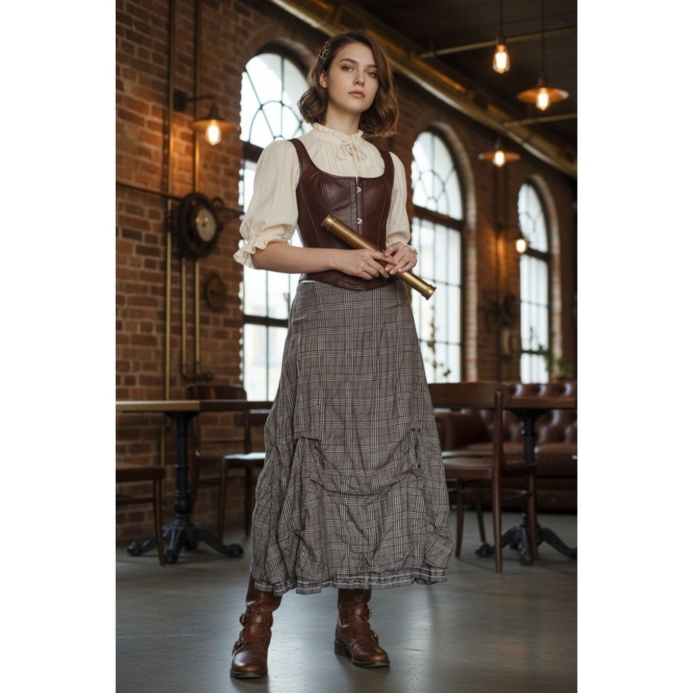 Soft Surroundings Gathered Pick Ups Brown Plaid Maxi Skirt Victorian Steampunk